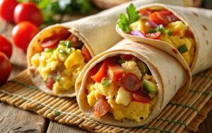 Delicious burrito close-up with tomato and eggs
