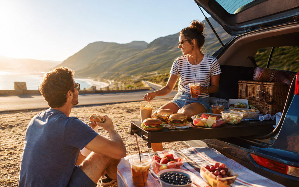 Summer Foods to Try on a USA Road Trip couple having lunch during road trip