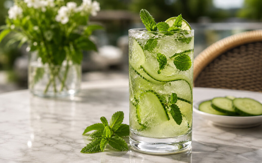 cucumber-mint spritz drink on a table