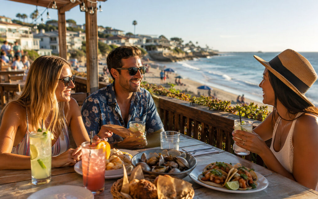 Best American Beach Towns for Food and Drinks friends having lunch near the beach