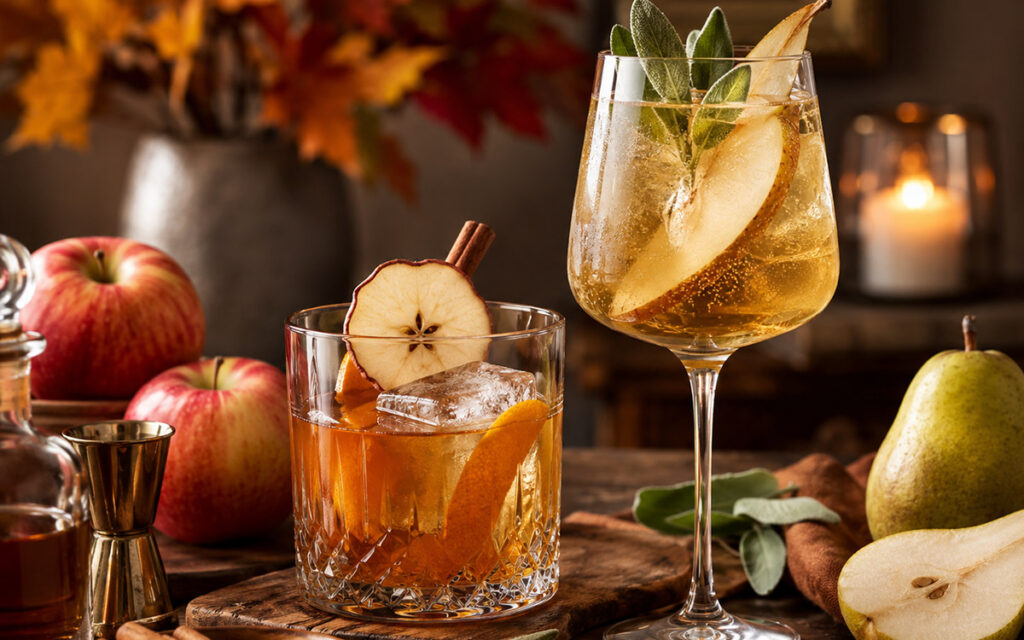 Apple cider old fashioned and pear sage spritz on a cozy autumn table.