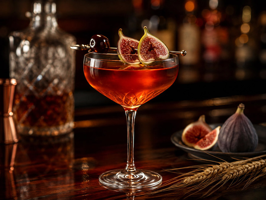 Fig and rye Manhattan in a coupe glass with fig slices and cherry garnish