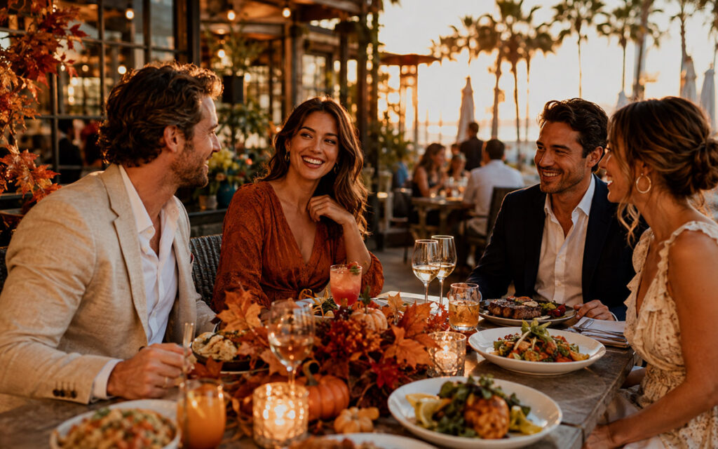 Friends enjoying a fall dinner at an outdoor Orange County restaurant at sunset.