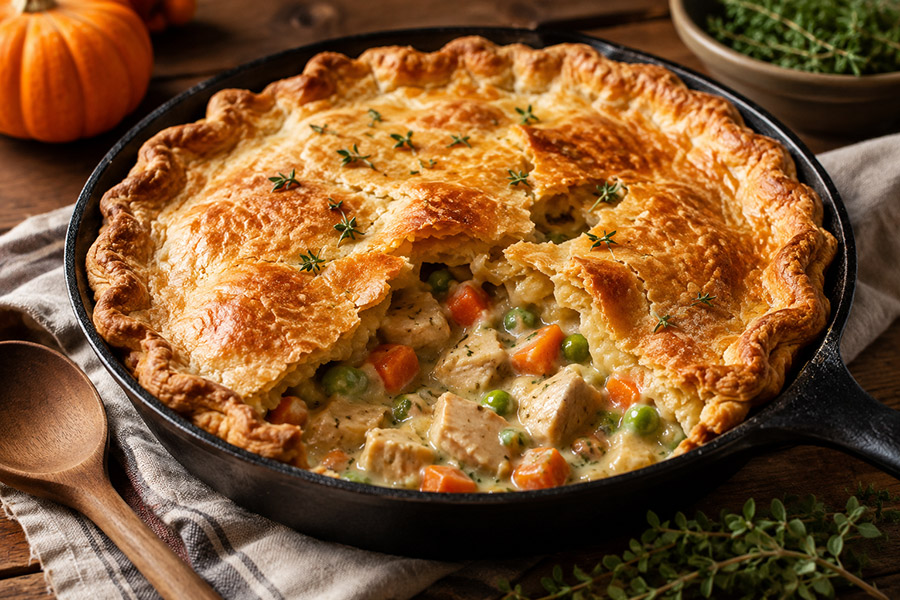 Skillet chicken pot pie with golden crust, chicken, carrots, and peas