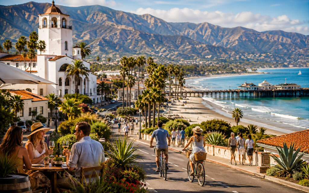 Santa Barbara coast with palm trees, beach, pier, and Spanish-style architecture